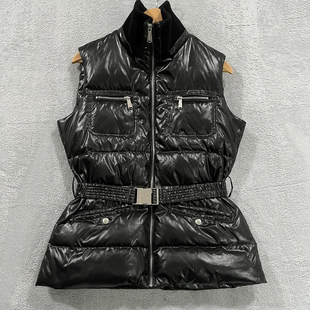 Michael Kors Puffer Vest Womens Medium‎ Belted Grunge Glossy Goth Black Y2K